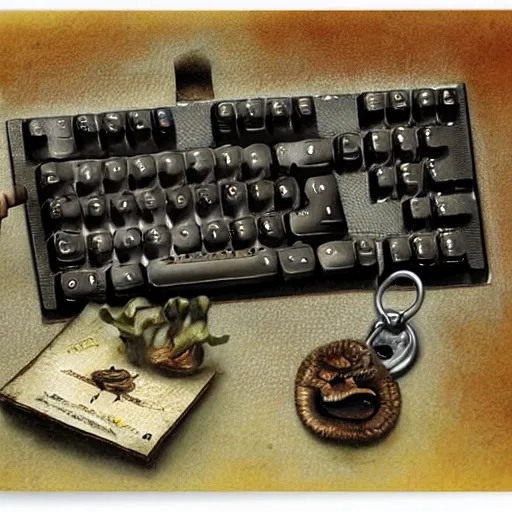Image similar to computer keyboard with mushrooms as keys, by jean - baptiste monge