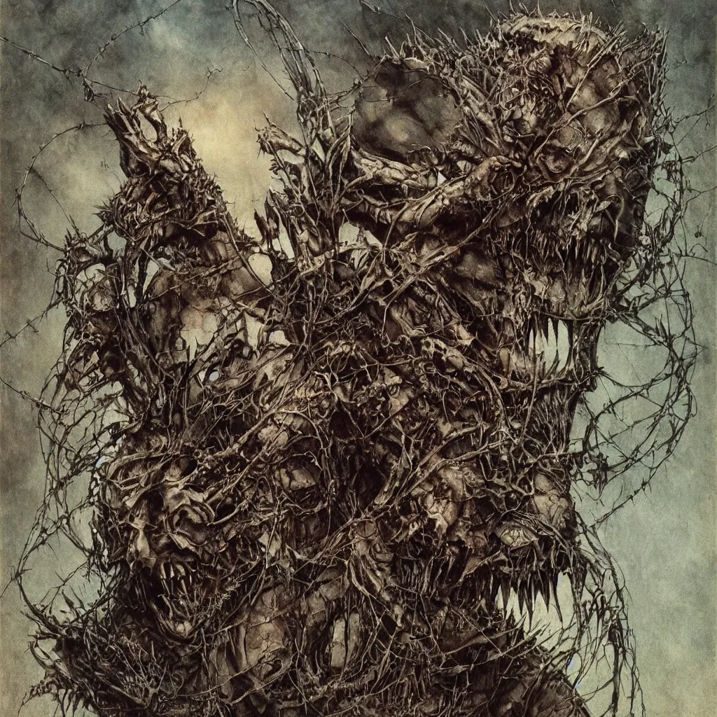 Image similar to A creepy armored horned fanged demon woman with blue scarred skin wrapped in barbed wire. Extremely high detail, realistic, fantasy art, solo, bones, textured, masterpiece, saturated colors, intricate ominous visionary concept art tangled, ripped flesh, art by Zdzisław Beksiński, Arthur Rackham, Dariusz Zawadzki