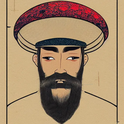 Prompt: ukiyo-e portrait of a bearded man in a mushroom hat, studio lightning, bright colors, intricate, masterpiece, photorealistic, hiperrealistic, sharp focus, high contrast, Artstation HQ, DeviantArt trending, 4k UHD, Unreal Engine 5