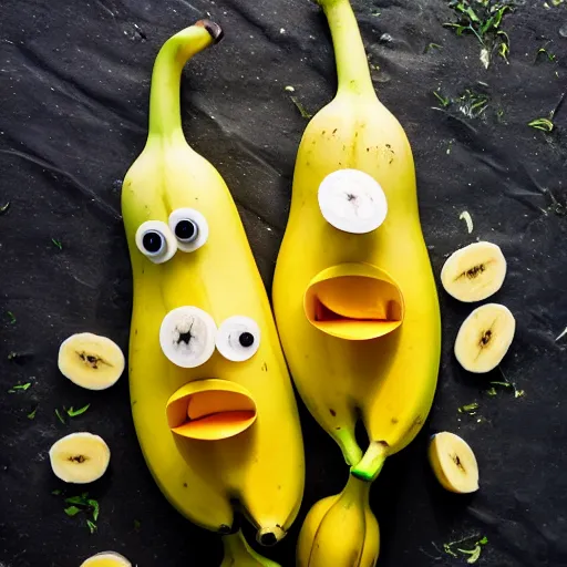 Image similar to professional photograph of banana ducks, peeled bananas with googly eyes and duck beaks