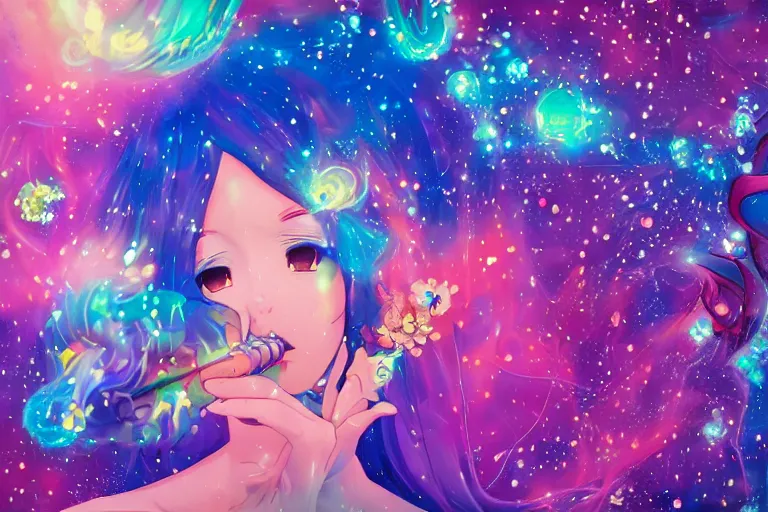 Image similar to psychedelic, whimsical, anime, 4k, beautiful intimate woman blowing smoke, with professional makeup, long trippy hair, a crystal and flower dress, sitting in a reflective pool, surrounded by gems, underneath the stars, rainbow fireflies, trending on patreon, deviantart, twitter, artstation, volumetric lighting, heavy contrast, art style of Ross Tran and Viktoria Gavrilenko and Ilya Kuvshinov