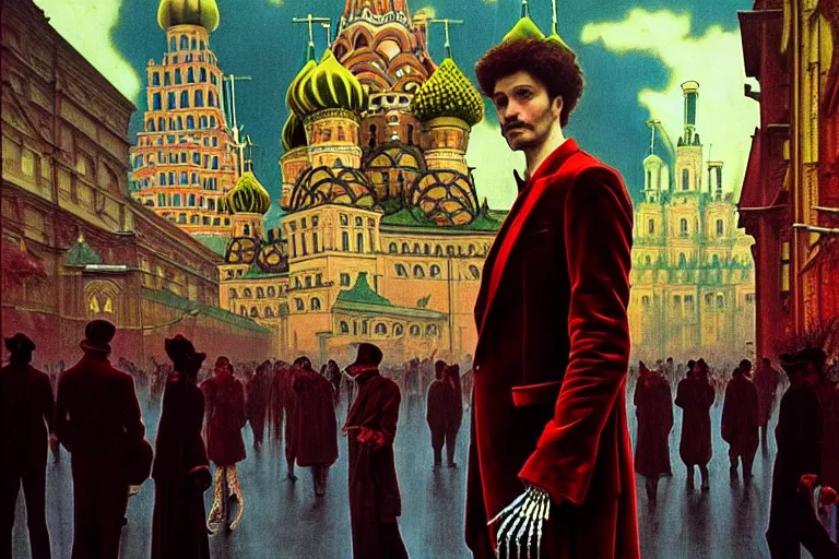 Image similar to realistic detailed photorealistic film portrait shot of a single skeleton wearing crimson velvet blazer in a crowded futuristic moscow street by Denis Villeneuve, Amano, Yves Tanguy, Alphonse Mucha, Ernst Haeckel, Andrei Tarkovsky, Edward Robert Hughes, Roger Dean, rich moody colours, wide angle, blue eyes