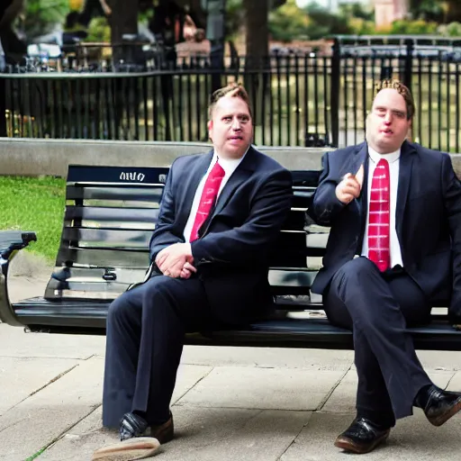 Image similar to two clean - shaven chubby white men in suits and neckties sitting on a park bench. each men are holding manila folders.