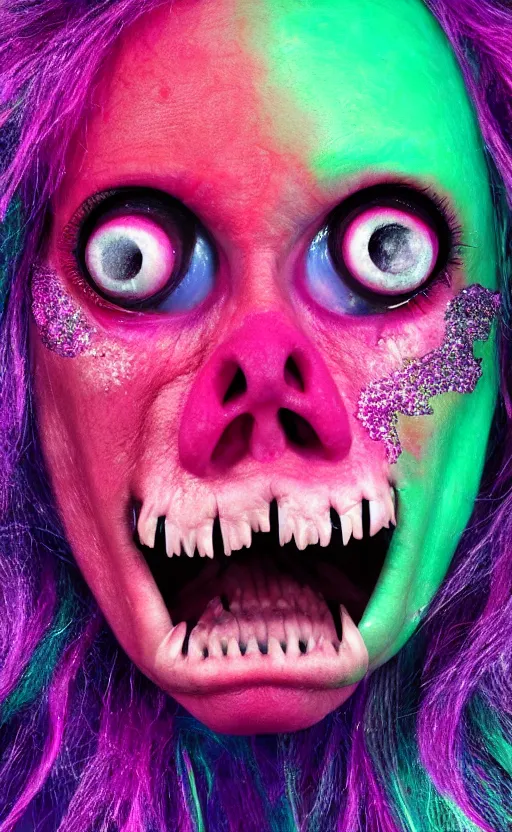 Image similar to face portrait cute saturated pink scary eerie happy ugly creature monster with sparkles and glitter photo 4k