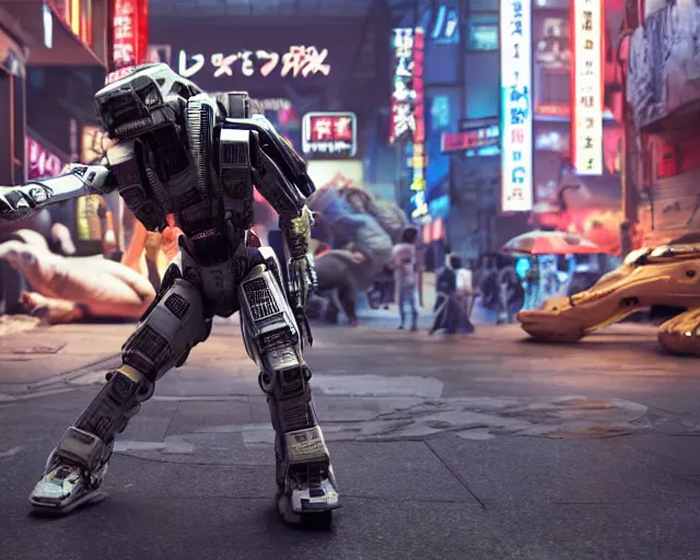 Image similar to CHAPPIE Breakdancing In The Middle of Neo Tokyo Surrounded by Xenomorph Crews In Lacoste and Street Wear, Full Figure, 8K, octane render, HDR, photorealistic, volumetric lighting, Hyperrealistic-H 960