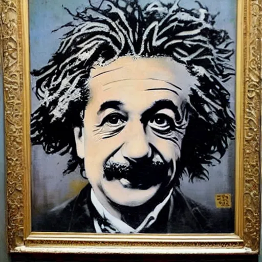 Prompt: portrait of albert einstein by karol bak, banksy, simon bisley, guy denning, mimmo rotella, ravi zupa