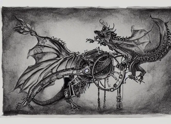 Image similar to pen and ink drawing, real dragon with steam punk apparatus strapped to it, white background, Olivia Kemp, julia Hill