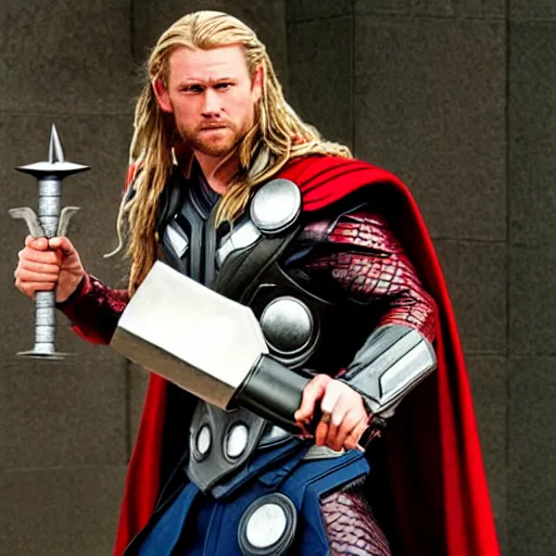 Prompt: thor holding stormbreaker and mjolnir