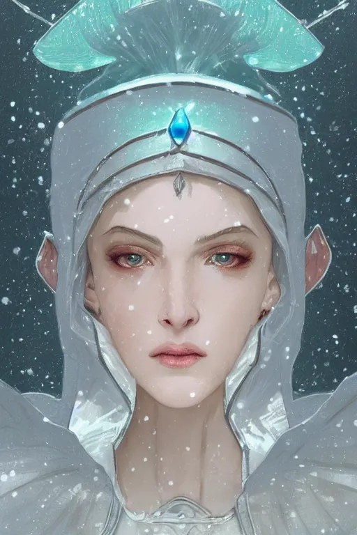 Prompt: portrait of a handsome pointy - eared male snow elf in a turquoise cape and silver ornate armour, albino skin, androgynous face, mid - shot, moonlight snowing, ethereal opalescent mist, winter vibes, perfect face, elegant, very coherent symmetrical artwork, by greg rutkowski, alphonse mucha, charlie bowater, trending on artstation