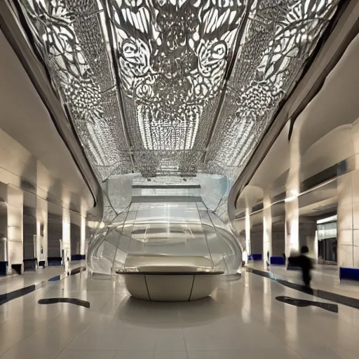 Image similar to extremely detailed ornate stunning beautiful elegant futuristic museum lobby interior by Zaha Hadid