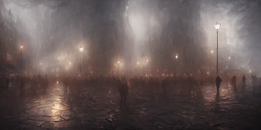 Prompt: a parade in a thick swirling fog, soft lighting, night, unreal engine, digital art, 8 k, oil painting, fantasy art, illustration, detailed and intricate environment