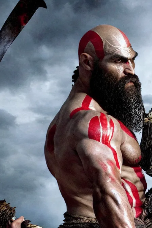 Image similar to film still from god of war, a highly detailed beautiful closeup photo of jason momoa kratos with long windblown wet hair holding a sword and fighting zombies on a pile of human skulls, spartan warrior, olympian god, muscular!,, action pose, ambient lighting, volumetric lighting, octane, fantasy