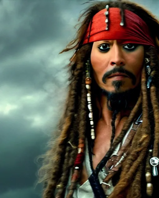 Image similar to Film still close-up shot of Dwayne Johnson as Captain Jack Sparrow with Dwayne The Rock Johnsons face from the movie Pirates of the Caribbean. Dwayne The Rock Johnson Photographic, photography