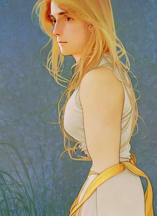 Image similar to pretty young man with shoulder length shiny shimmering golden blond hair, path traced, highly detailed, high quality, digital painting, by studio ghibli and alphonse mucha, leesha hannigan, disney