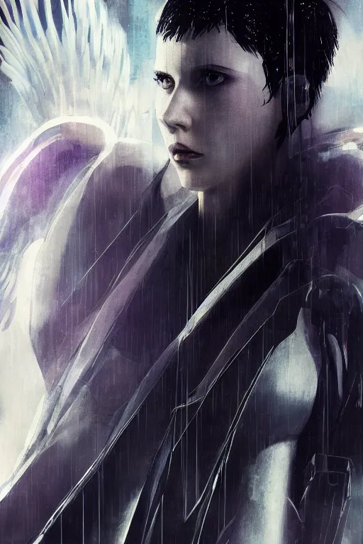 Image similar to white arc-angel with mystic robotic wings, blade runner, akira, ghost in the shell, 2077, ultra detailed, digital art, 8k ,character ,realistic, portrait, hyperrealistic