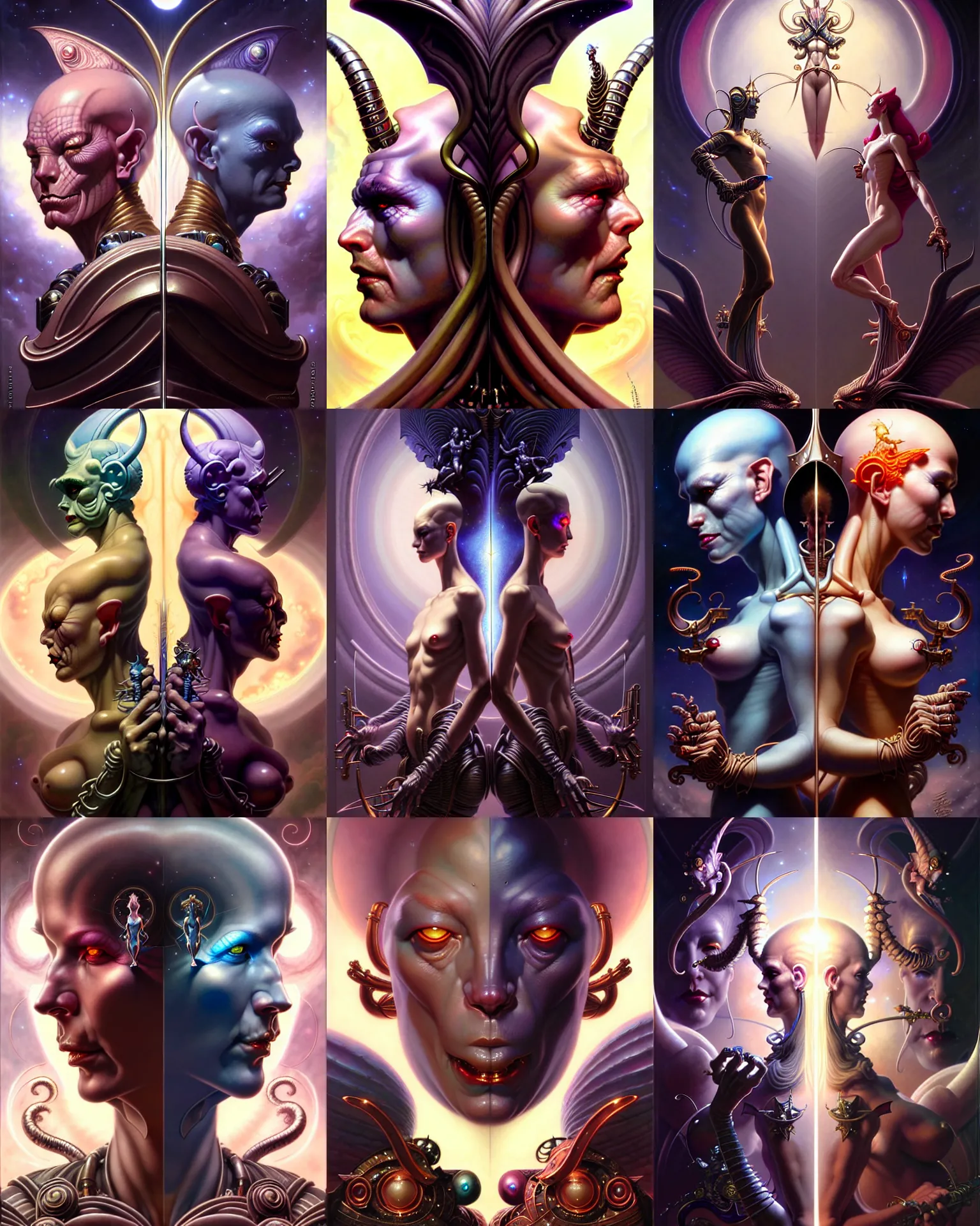 Image similar to beautiful gemini good and evil fantasy character portrait, ultra realistic, wide angle, intricate details, the fifth element artifacts, highly detailed by peter mohrbacher, hajime sorayama, wayne barlowe, boris vallejo, aaron horkey, gaston bussiere, craig mullins