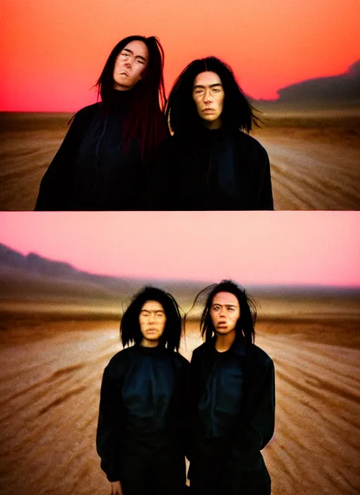 Prompt: cinestill 5 0 d photographic portrait of two loving clones, women wearing rugged black techwear on a desolate plain with a red sky, extreme closeup, diverse species, cyberpunk, in front of a brutalist dark metal facility, dust storm, 3 5 mm, 8 k, f / 3 2, high resolution, ultra realistic faces, beautiful