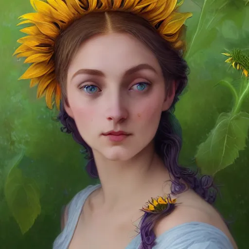Prompt: a beautiful stunning fantasy whimsical matte digital portrait illustration of a blue-eyed woman with freckles and violet hair wearing a yellow sunflower crown, in the style of William Adolphe-Bouguereau and Marc Simonetti, magic the gathering, trending on artstation, contest winner
