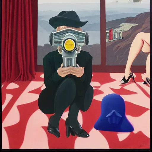 Image similar to painting of hollywood babylon, twin peaks, blue velvet, mulholland drive, gas mask, by paula rego, by magritte