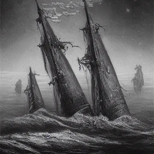 Prompt: Dark surreal ships, by Gustave Doré, featured on Artstation