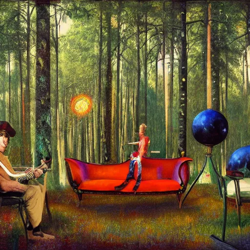 Prompt: psychedelic couch sofa in the lush pine forest, milky way, guitar, moose antlers, designed by arnold bocklin, jules bastien - lepage, tarsila do amaral, wayne barlowe and gustave baumann, cheval michael, trending on artstation, star, sharp focus, colorful refracted sparkles and lines, soft light, 8 k 4 k