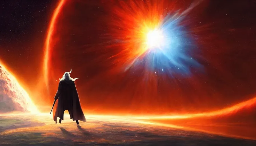 Prompt: a beautiful painting of gandalf watching a red giant star going supernova in the sky of an alien world, ray traced lighting by jean kalin popov and greg rutkowski