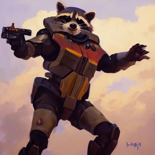 Image similar to greg manchess portrait painting of armored rocket raccoon as overwatch character, medium shot, asymmetrical, profile picture, organic painting, sunny day, matte painting, bold shapes, hard edges, street art, trending on artstation, by huang guangjian and gil elvgren and sachin teng