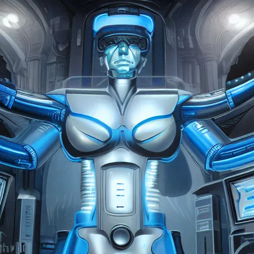 Prompt: Cinematic Imax depiction of an advanced, top of the line cyborg in the style of Jim Burns, blue color palette with brightened hues 3840 x 2160