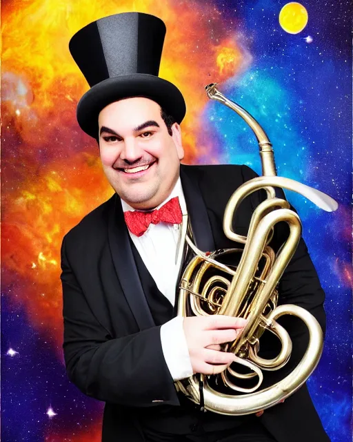 Prompt: studio portrait of ian karmel wearing a top hat, playing a french horn, with a space background