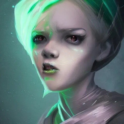 Prompt: young Danny phantom with snow white hair and glowing green eyes and razor sharp canine fangs bearing teeth alt art fashion inspired art by Charlie Bowater and WLOP and Mark Arian and Ross Tran + neon colors, symmetry, A digital matte intricate illustration concept art of , intricate complexity, epic composition, magical atmosphere, highly detailed, cinematic lighting + masterpiece, trending on artstation + 8k