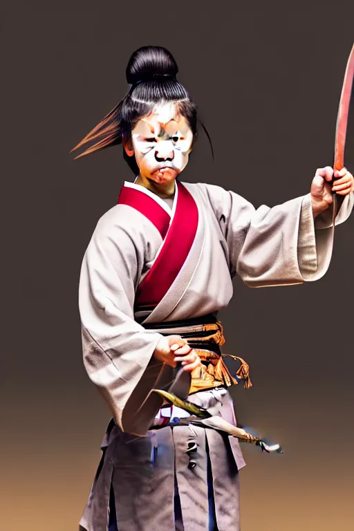 Image similar to highly detailed beautiful photo of a young female samurai, practising sword stances in a temple, symmetrical face, beautiful eyes, realistic anime art style, 8 k, award winning photo, pastels, action photography, 1 / 1 2 5 shutter speed, dramatic lighting