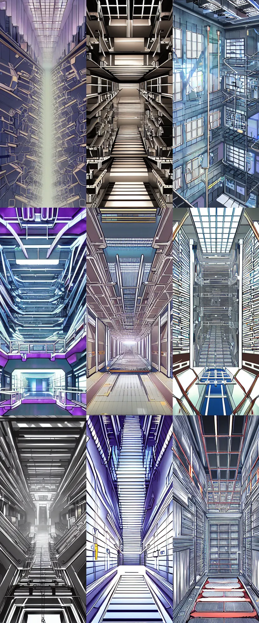 Prompt: detailed interior of a gigantic technologically advanced elevator shaft, anime key visual