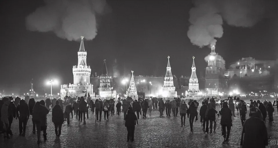 Prompt: Moscow Kremlin is on fire, dark atmosphere, lots of fire, clubs of smoke, photography, photojournalism, shot on Leica