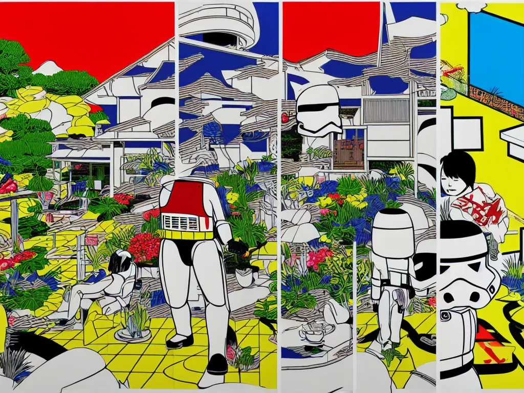 Image similar to hyperrealistic composition of the japanese home with a garden, stormtrooper in hot springs, pop - art style, jacky tsai style, andy warhol style, roy lichtenstein style, rich palette, acrylic on canvas