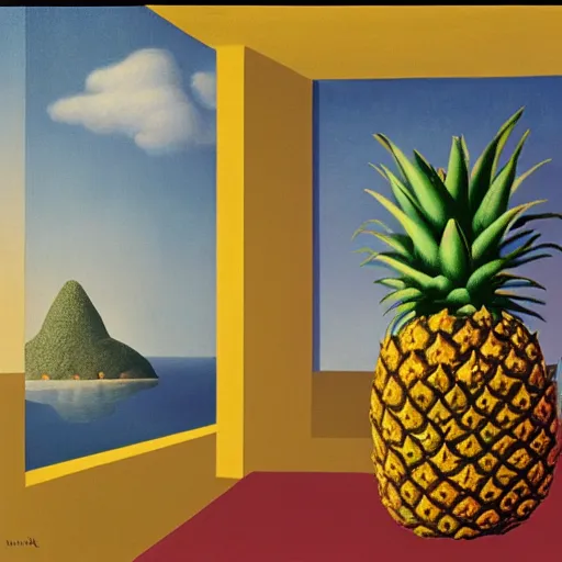 Prompt: The painting The Son of Man by René Magritte except with a pineapple and Patrick Star