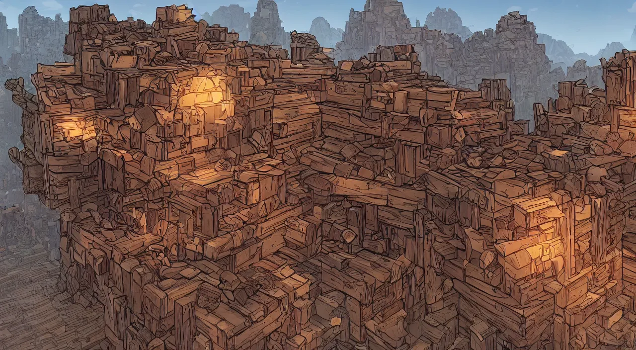 Image similar to wood wall fortress greeble block amazon jungle global illumination ray tracing ambiant torch fornite that looks like it is from borderlands and by feng zhu and loish and laurie greasley, victo ngai, andreas rocha, john harris