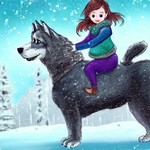 Image similar to girl riding on a giant husky in a snowy park, trending on art station