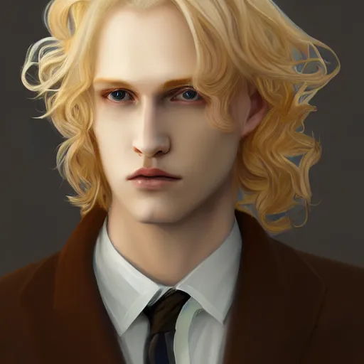 Image similar to Johan Liebert the pale blond androgynous god of the sun, highly detailed, very very very long curly golden blond hair, baroque curls, curtain bangs, central parted fringe, extremely luscious curly blond hair, very very very pale white skin, digital painting, artstation, concept art, soft light, sharp focus, illustration