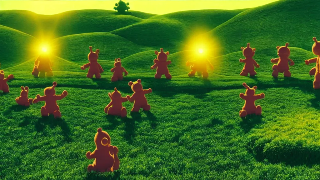 Image similar to Teletubbies performing cult sacrifice on sunny green hills, film still from the movie directed by Denis Villeneuve with art direction by Zdzisław Beksiński, wide lens