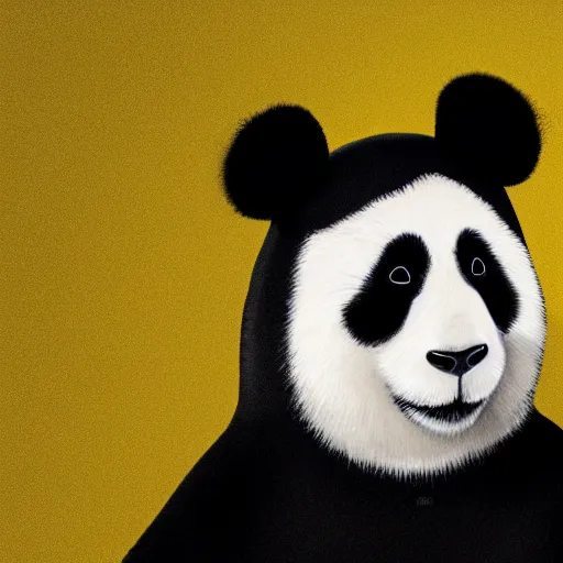 Image similar to happy panda wearing a yellow turtleneck, studio, portrait, facing camera, studio, dark bg