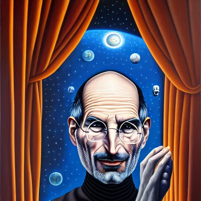 Image similar to an oil on canvas portrait painting of steve jobs, surrealism, surrealist, cosmic horror, rob gonsalves, high detail