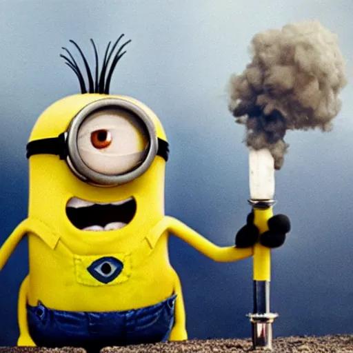 Prompt: photograph of minion from despicable me smoking a bong at woodstock, circa 1 9 6 9