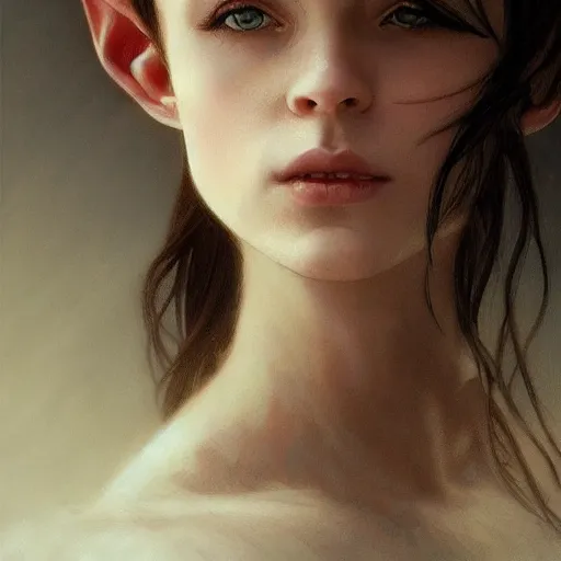 Image similar to portrait of gorgeous elf, thorn crown, small ears, headshot, pale skin, 4k, rule of thirds, extreme detail, detailed drawing, trending artstation, hd, fantasy, D&D, realistic lighting, by Alphonse Mucha, Greg Rutkowski, sharp focus, backlit, bright white hair, elegant