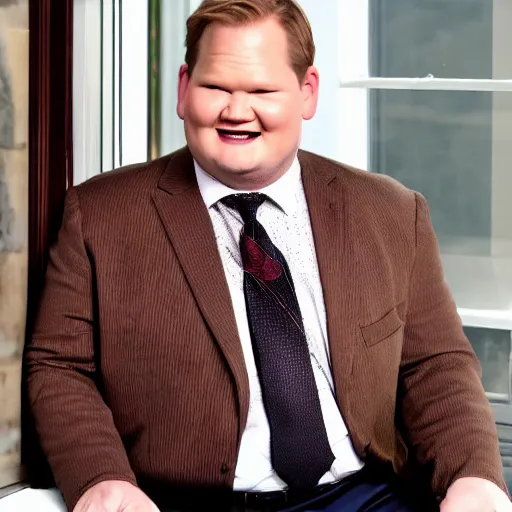 Image similar to Andy Richter is wearing a chocolate brown suit and necktie and is in a bedroom with a window letting in bright morning sunlight. Andy is sitting upright in a bed and is stretching his arm. His mouth his wide open as he yawns.