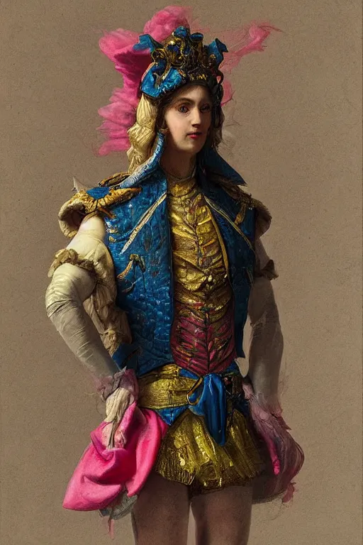 Prompt: a character wearing a super detailed diy costume with fluo colored details, muted colors, neoclassicism, hyper real painting