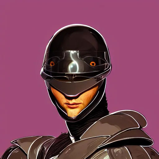 Image similar to self portrait of a humanoid raven with a helmet in the shape of a beak. purple and black body armor, digital art, realistic, ultradetailed, concept art in the style of Science Fiction. art by Syd Mead and Moebius, trending on artstation, devianart, cgsociety