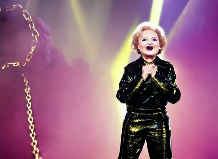 Image similar to publicity photo still of betty white as a gangsta rapper covered in gold chains, with grills in teeth and wearing a jumpsuit live on stage, 8 k, live concert lighting, mid shot