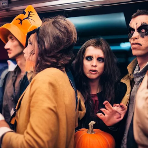 Prompt: A group of friends talking while standing inside a crowded compartment of the New York metro with people in Halloween costumes, cinematic, 4k, thriller