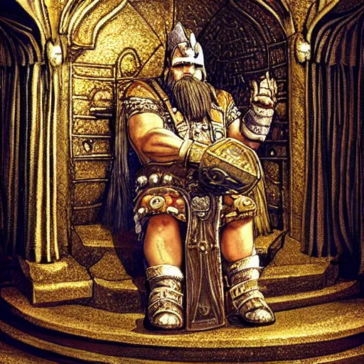 Image similar to a dwarven king he was sitting on a throne in a kingdom, in many - pillared halls of stone, with golden roof and silver floor, and runes of power upon the door, the light of sun and star and moon in shining lamps of crystal hewn, fantasy, intricate detail, advanced digital art