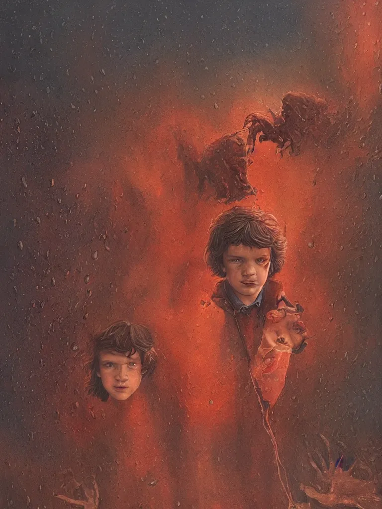 Image similar to a detailed painting with Mike Wheeler of Stranger Things being held by the red dust, rain, fear, traces by Andrew Ferez, cg society, fantasy art, biomorphic, mystical, whimsical